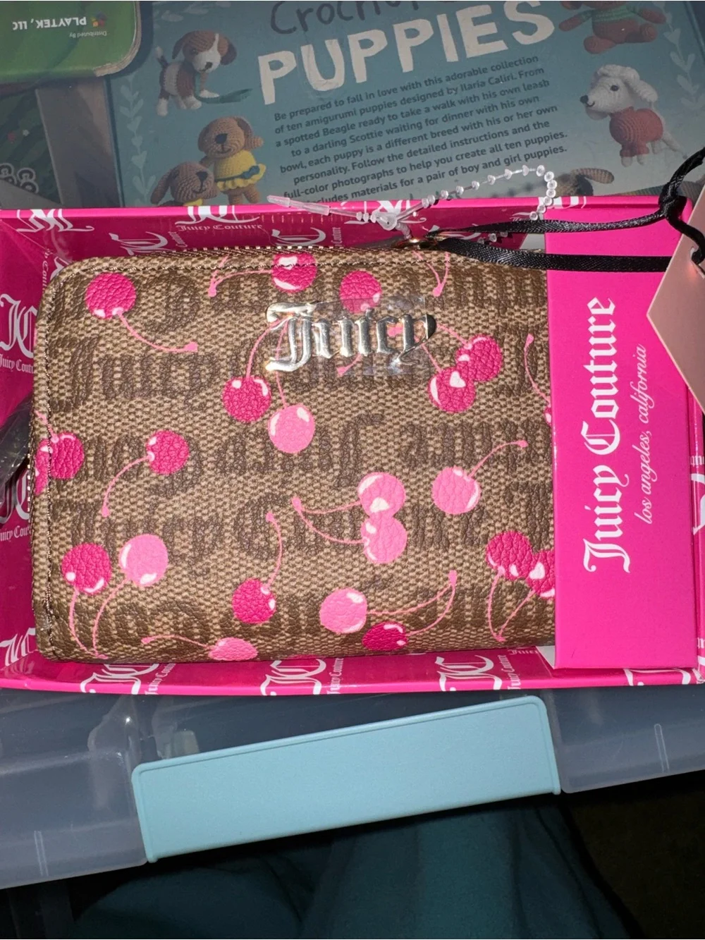 Juicy Couture Brown Monogram Wallet with Pink Cherry Print double zip around